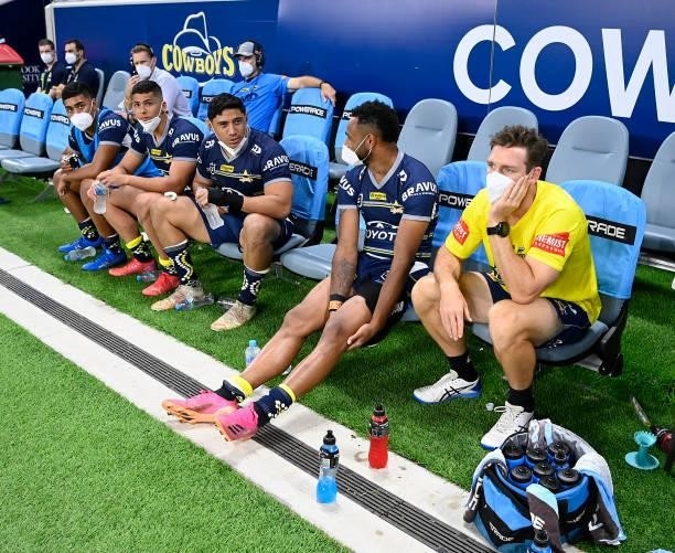 The Cowboys bench is seen during the round 25 NRL match between the North Queensland Cowboys and the Manly Sea Eagles at QCB Stadium, on September 04...