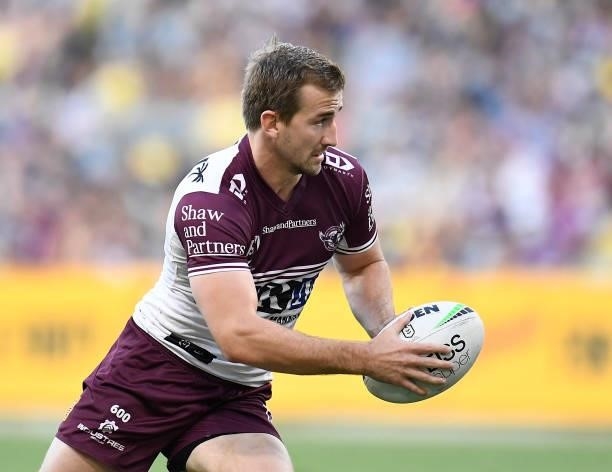 Lachlan Croker of the Sea Eagles runs the ball during the round 25 NRL match between the North Queensland Cowboys and the Manly Sea Eagles at QCB...