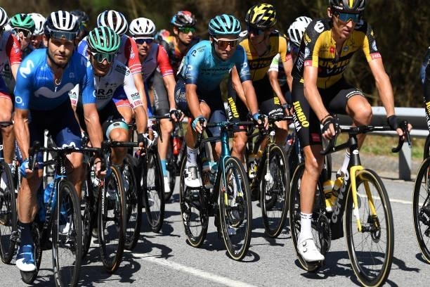 Cesare Benedetti of Italy and Team Bora - Hansgrohe and Yuriy Natarov of Kazahkstan and Team Astana – Premier Tech compete during the 76th Tour of...