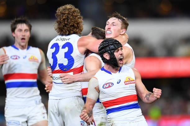 Caleb Daniel of the Bulldogs celebrates victory during the AFL 1st Semi Final match between the Brisbane Lions and the Western Bulldogs at The Gabba...