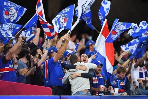 Western Bulldogs fans celebrate during the AFL 1st Semi Final match between the Brisbane Lions and the Western Bulldogs at The Gabba on September 04,...