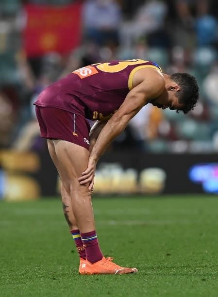 Charlie Cameron of the Lions is dejected after the Lions were defeated by the Bulldogs during the AFL First Semi Final Final match between Brisbane...