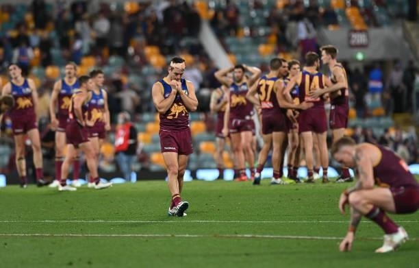 Jarryd Lyons of the Lions is dejected after the Lions were defeated by the Bulldogs during the AFL First Semi Final Final match between Brisbane...