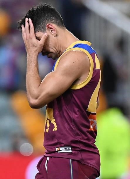 Charlie Cameron of the Lions is dejected after the Lions were defeated by the Bulldogs during the AFL First Semi Final Final match between Brisbane...