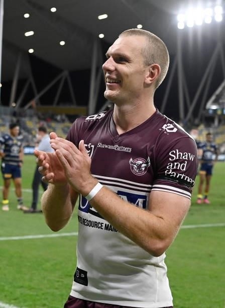 Tom Trbojevic of the Sea Eagles celebrates after winning the round 25 NRL match between the North Queensland Cowboys and the Manly Sea Eagles at QCB...