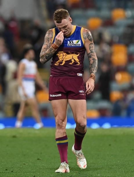 Mitch Robinson of the Lions is dejected after the Lions were defeated by the Bulldogs during the AFL First Semi Final Final match between Brisbane...