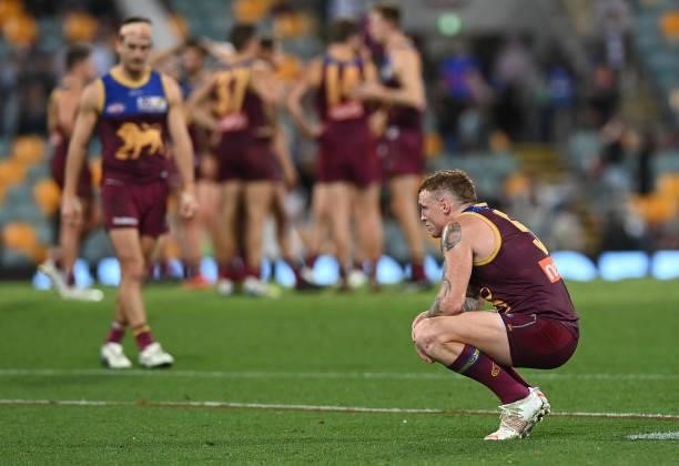 Mitch Robinson of the Lions is dejected after the Lions were defeated by the Bulldogs during the AFL First Semi Final Final match between Brisbane...