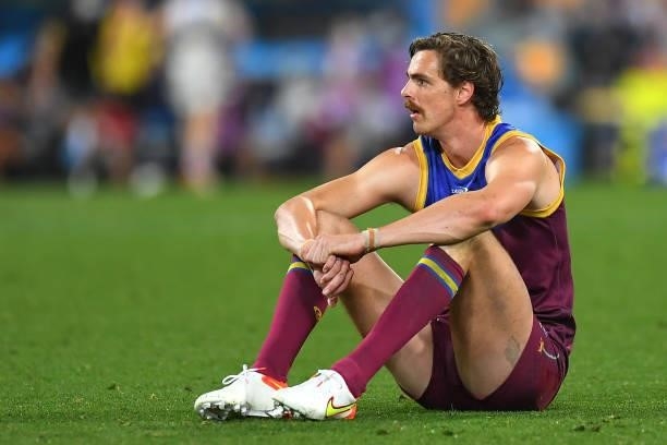 Joe Daniher of the Lions looks dejected after his team's defeat during the AFL 1st Semi Final match between the Brisbane Lions and the Western...