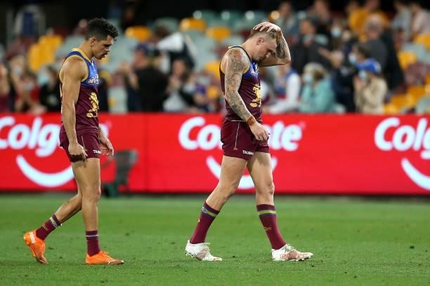 The Lions react to loosing the AFL 1st Semi Final match between Brisbane Lions and the Western Bulldogs at The Gabba on September 04, 2021 in...