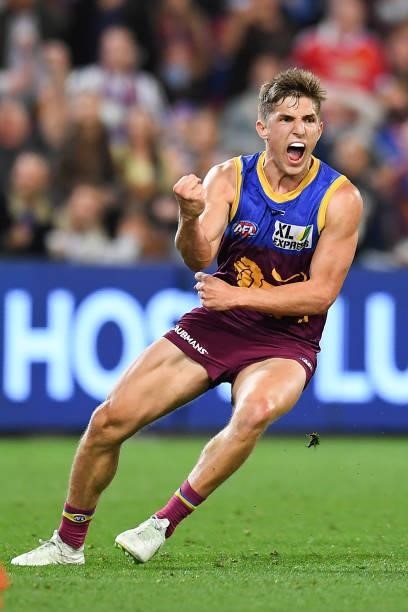 Zac Bailey of the Lions celebrates kicking a goal during the AFL 1st Semi Final match between the Brisbane Lions and the Western Bulldogs at The...