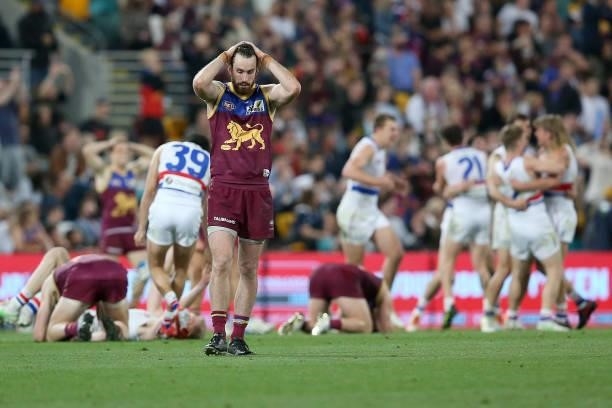 Darcy Gardiner of the Lions reacts to loosing the AFL 1st Semi Final match between Brisbane Lions and the Western Bulldogs at The Gabba on September...