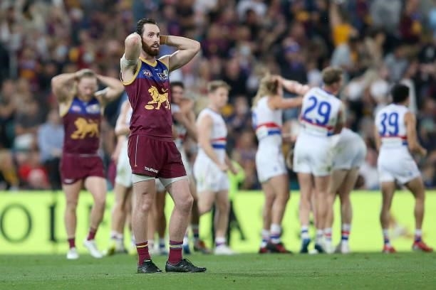 Darcy Gardiner of the Lions reacts to loosing the AFL 1st Semi Final match between Brisbane Lions and the Western Bulldogs at The Gabba on September...