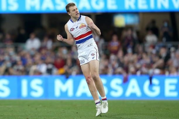 Bailey Smith of the Bulldogs celebrates a goal during the AFL 1st Semi Final match between Brisbane Lions and the Western Bulldogs at The Gabba on...