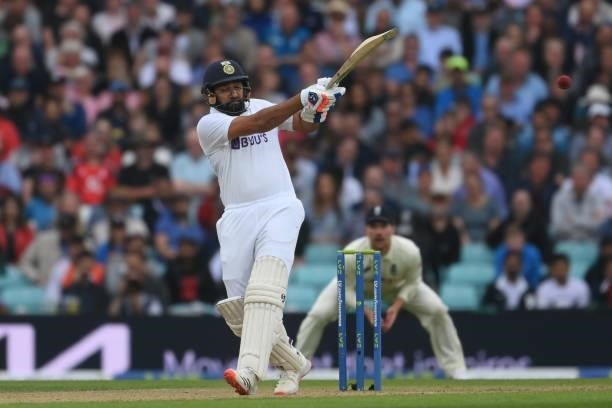 Rohit Sharma of India hooks during the Fourth LV= Insurance Test Match: Day Three between England and India at The Kia Oval on September 04, 2021 in...