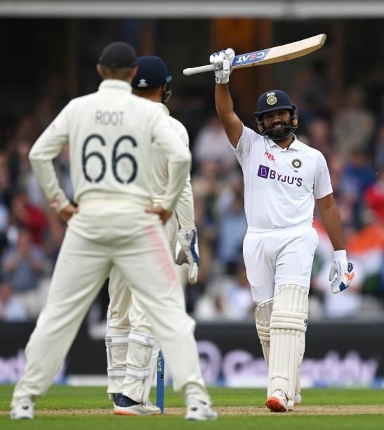 Rohit Sharma of India celebrates reaching his century during day three of the Fourth LV= Insurance Test Match between England and India at The Kia...