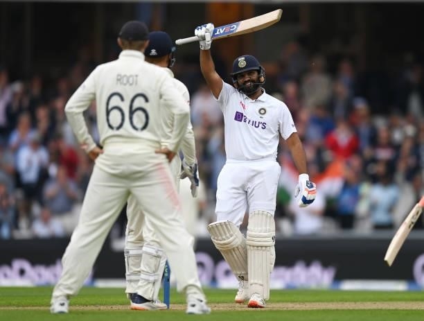 Rohit Sharma of India celebrates reaching his century during day three of the Fourth LV= Insurance Test Match between England and India at The Kia...