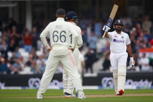 Rohit Sharma of India celebrates his 100 not out during Day Three of the Fourth LV= Insurance Test Match between England and India at The Kia Oval on...