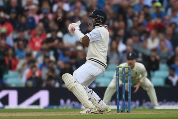 Cheteshwar Pujara of India plays a ramp shot for four during the Fourth LV= Insurance Test Match: Day Three between England and India at The Kia Oval...