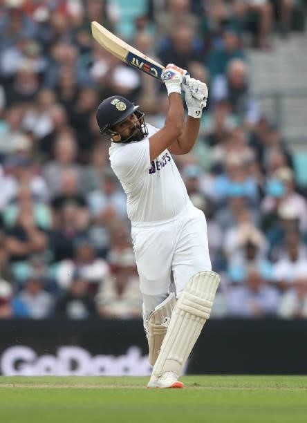 Rohit Sharma of India hits a six to reach his century during day three of the fourth LV= Insurance Test match between England and India at The Kia...
