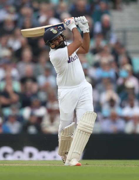 Rohit Sharma of India hits a six to reach his century during day three of the fourth LV= Insurance Test match between England and India at The Kia...