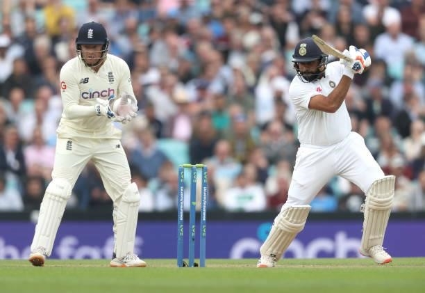 Rohit Sharma of India bats as Jonny Bairstow of England keeps wicket during day three of the fourth LV= Insurance Test match between England and...