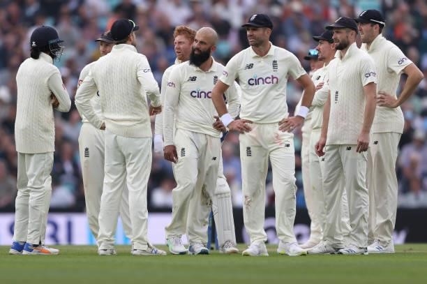 Moeen Ali of England reacts after an unsuccessful review during day three of the fourth LV= Insurance Test match between England and India at The Kia...