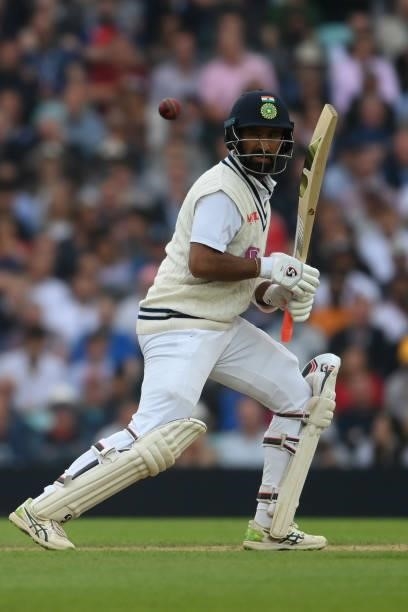 Cheteshwar Pujara of India in action during the Fourth LV= Insurance Test Match: Day Three between England and India at The Kia Oval on September 04,...