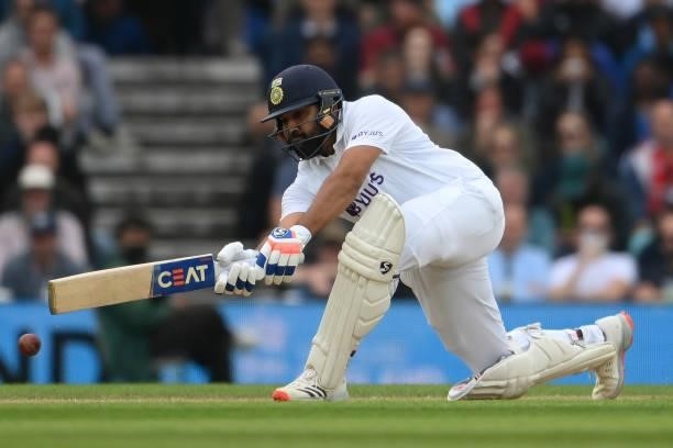 Rohit Sharma of India sweeps a ball from Moeen Ali of England during the Fourth LV= Insurance Test Match: Day Three between England and India at The...