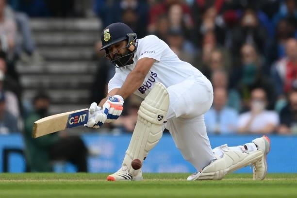 Rohit Sharma of India sweeps a ball from Moeen Ali of England during the Fourth LV= Insurance Test Match: Day Three between England and India at The...