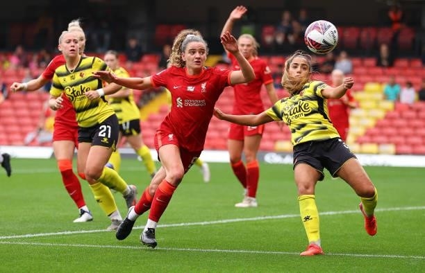 Leanne Kiernan of Liverpool battles with Rosie Kmita of Watford during the Barclays FA Women's Championship match between Watford Ladies and...