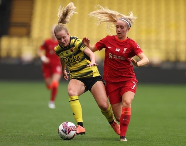 Missy-Bo Kearns of Liverpool challenges Anne Meiwald of Watford during the Barclays FA Women's Championship match between Watford Ladies and...