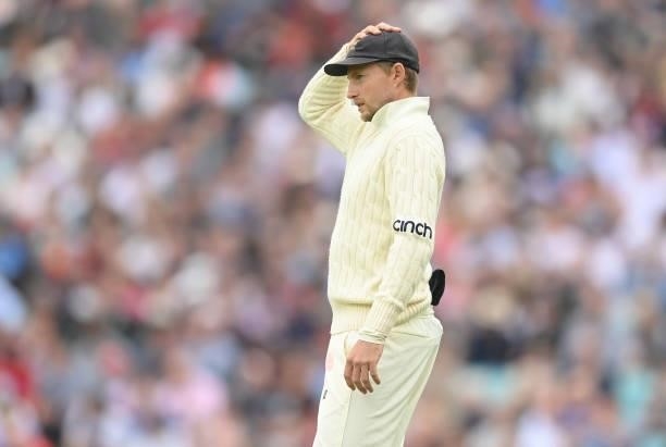 Joe Root of England looks on during the third day of the 4th LV= Test Match between England and India at The Kia Oval on September 04, 2021 in...