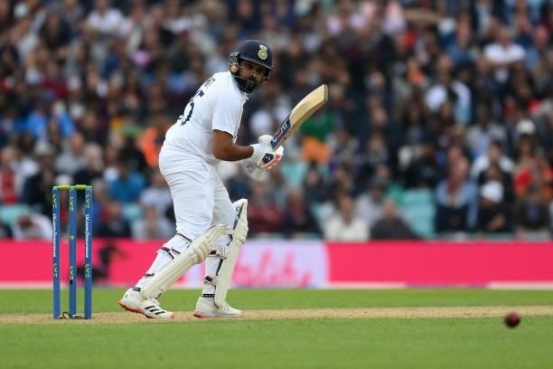 Rohit Sharma of India glances the ball to the boundary during the Fourth LV= Insurance Test Match: Day Three between England and India at The Kia...