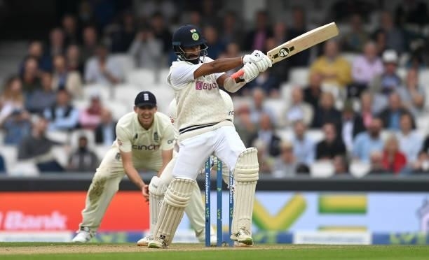 Cheteshwar Pujara of India bats during day three of the Fourth LV= Insurance Test Match between England and India at The Kia Oval on September 04,...