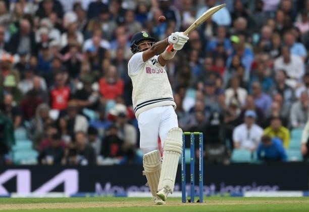 Cheteshwar Pujara of India plays a hook shot during the Fourth LV= Insurance Test Match: Day Three between England and India at The Kia Oval on...