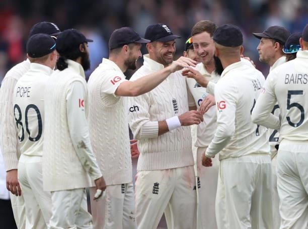 Ollie Robinson of England is congratulated after taking the wicket of Rohit Sharma of India during day three of the fourth LV= Insurance Test match...