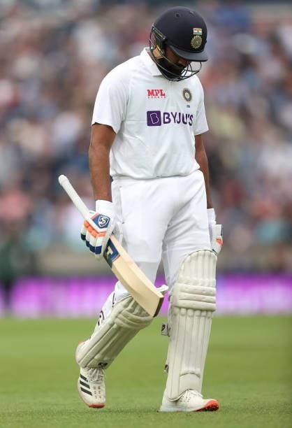 Rohit Sharma of India walks off after losing his wicket during day three of the fourth LV= Insurance Test match between England and India at The Kia...