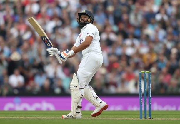 Rohit Sharma of India plays a shot that is caught out during day three of the fourth LV= Insurance Test match between England and India at The Kia...