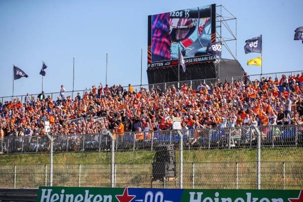Thousands of supporters of the Netherlands in orange suits during the Qualification of F1 Grand Prix of The Netherlands at Circuit Zandvoort on...