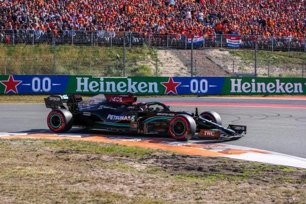 Lewis Hamilton of Great Britain and Mercedes AMG Petronas during the Qualification of F1 Grand Prix of The Netherlands at Circuit Zandvoort on...