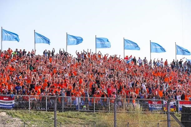 Thousands of supporters of the Netherlands in orange suits during the Qualification of F1 Grand Prix of The Netherlands at Circuit Zandvoort on...