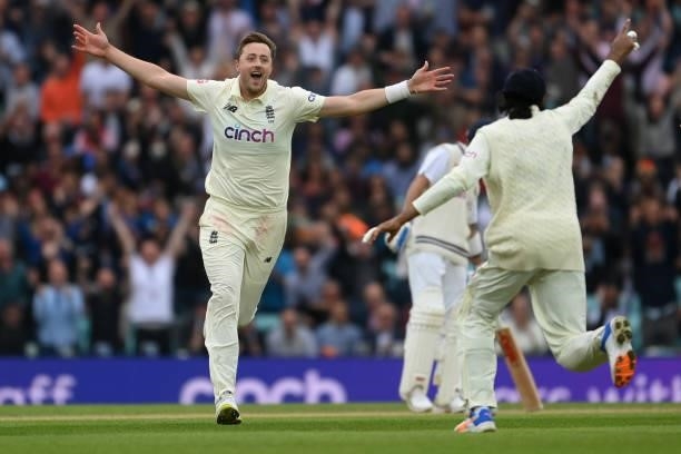 Ollie Robinson of England celebrates with Haseeb Hameed after dismissing Cheteshwar Pujara of India during the Fourth LV= Insurance Test Match: Day...