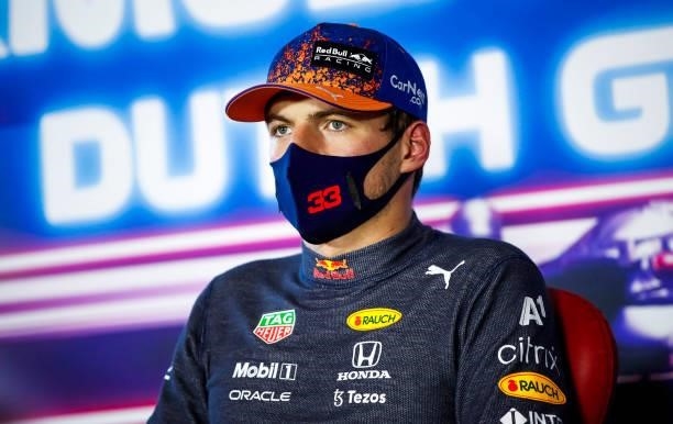 Pole position qualifier Max Verstappen of Netherlands and Red Bull Racing talks in the press conference after qualifying ahead of the F1 Grand Prix...