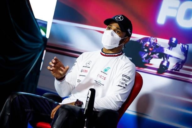 Second place qualifier Lewis Hamilton of Great Britain and Mercedes GP talks in the press conference after qualifying ahead of the F1 Grand Prix of...