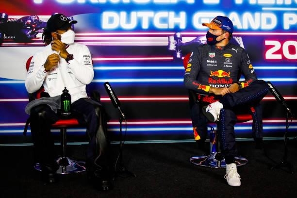 Pole position qualifier Max Verstappen of Netherlands and Red Bull Racing and second place qualifier Lewis Hamilton of Great Britain and Mercedes GP...