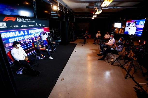 Pole position qualifier Max Verstappen of Netherlands and Red Bull Racing, second place qualifier Lewis Hamilton of Great Britain and Mercedes GP and...