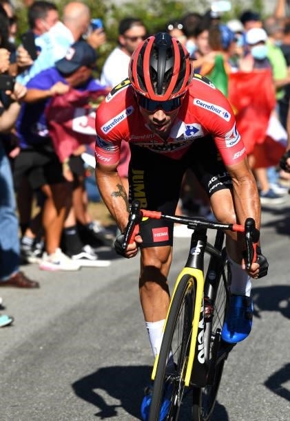 Primoz Roglic of Slovenia and Team Jumbo - Visma red leader jersey attacks in the breakaway during the 76th Tour of Spain 2021, Stage 20 a 202,2km km...