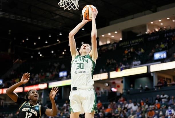 Breanna Stewart of the Seattle Storm shoots against the New York Liberty during the first quarter at Angel of the Winds Arena on September 02, 2021...
