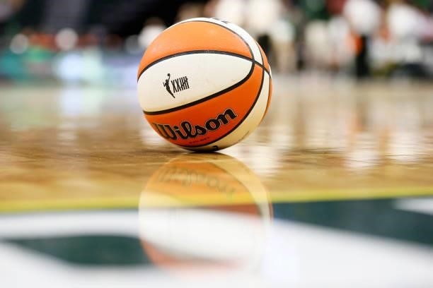 Basketball is seen during the game between the Seattle Storm and the New York Liberty at Angel of the Winds Arena on September 02, 2021 in Everett,...