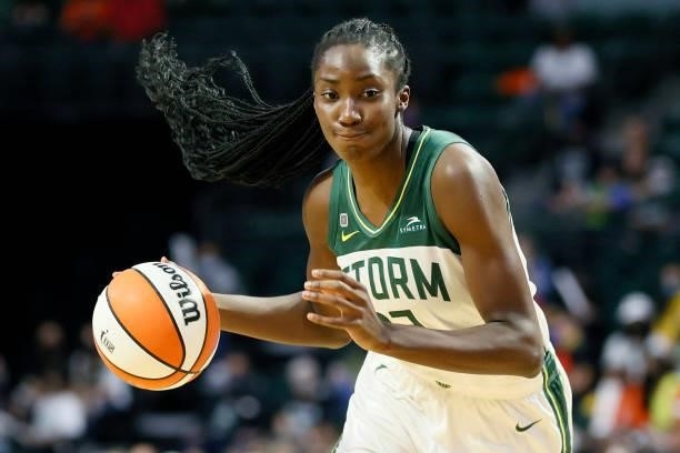 Ezi Magbegor of the Seattle Storm dribbles against the New York Liberty during the first quarter at Angel of the Winds Arena on September 02, 2021 in...